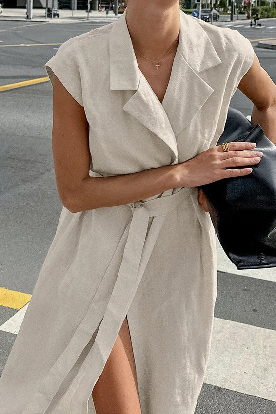 Khaki Cotton Linen Belted Shirt Maxi Dress - Image 4