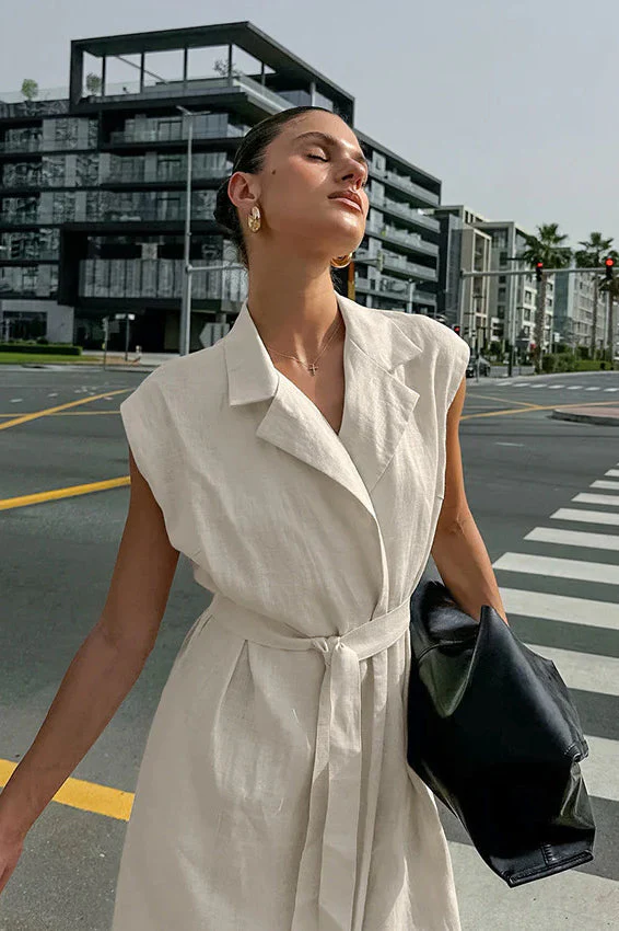Khaki Cotton Linen Belted Shirt Maxi Dress - Image 5