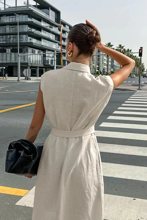 Khaki Cotton Linen Belted Shirt Maxi Dress - Image 6