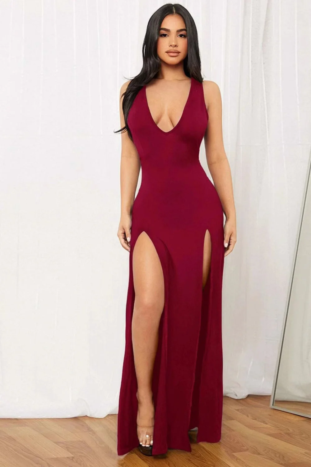 Solid Color Deep V Split Bodycon Sexy  Party Dress - Image 4