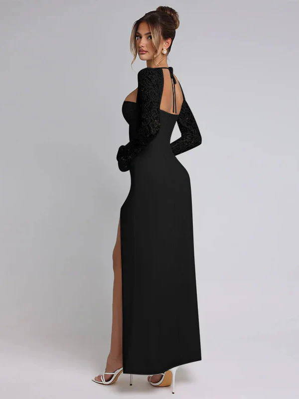 Lace Insert Long Sleeve Split Slim Fit Party Dress - Image 2