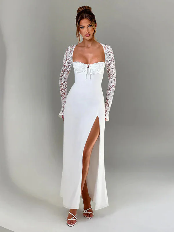 Lace Insert Long Sleeve Split Slim Fit Party Dress - Image 3
