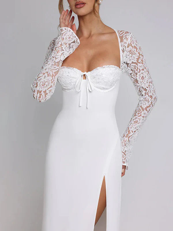 Lace Insert Long Sleeve Split Slim Fit Party Dress - Image 5