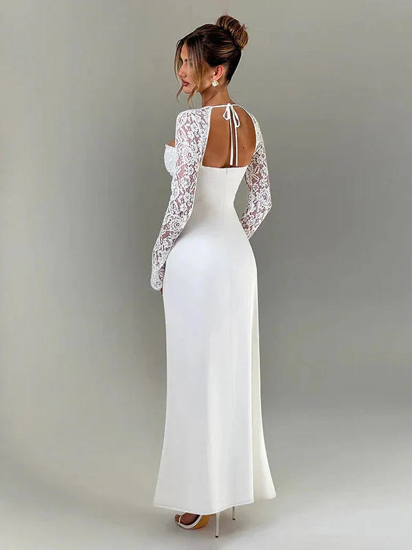 Lace Insert Long Sleeve Split Slim Fit Party Dress - Image 6
