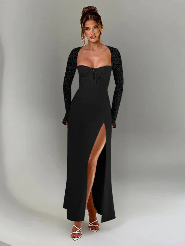 Lace Insert Long Sleeve Split Slim Fit Party Dress - Image 8