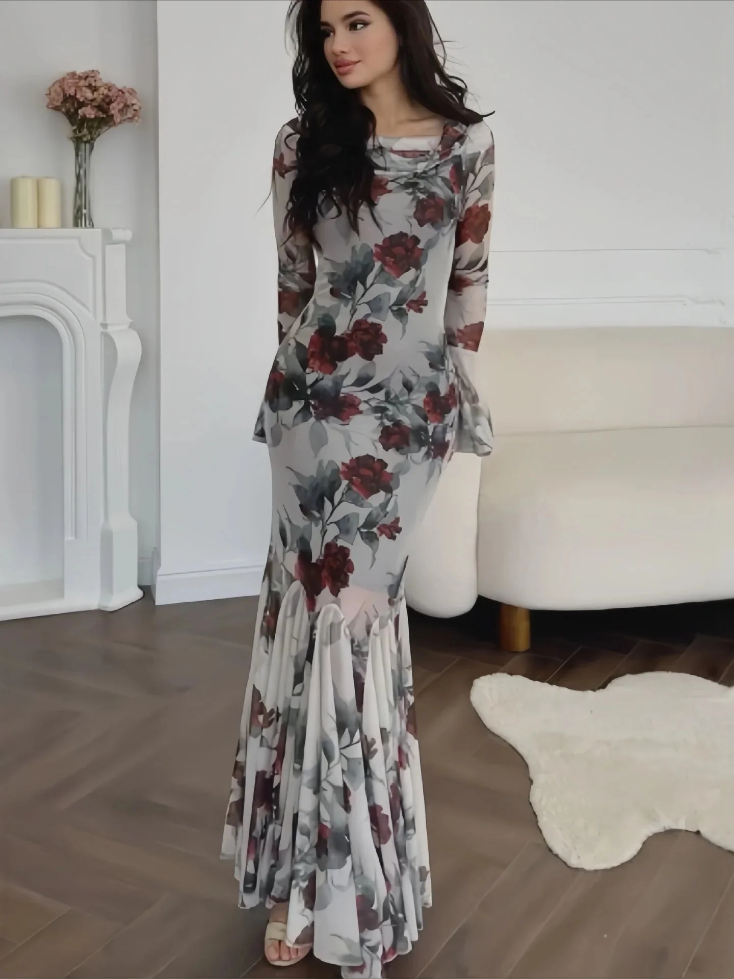 Floral Print Long Sleeve Romantic Party Dress - Image 2