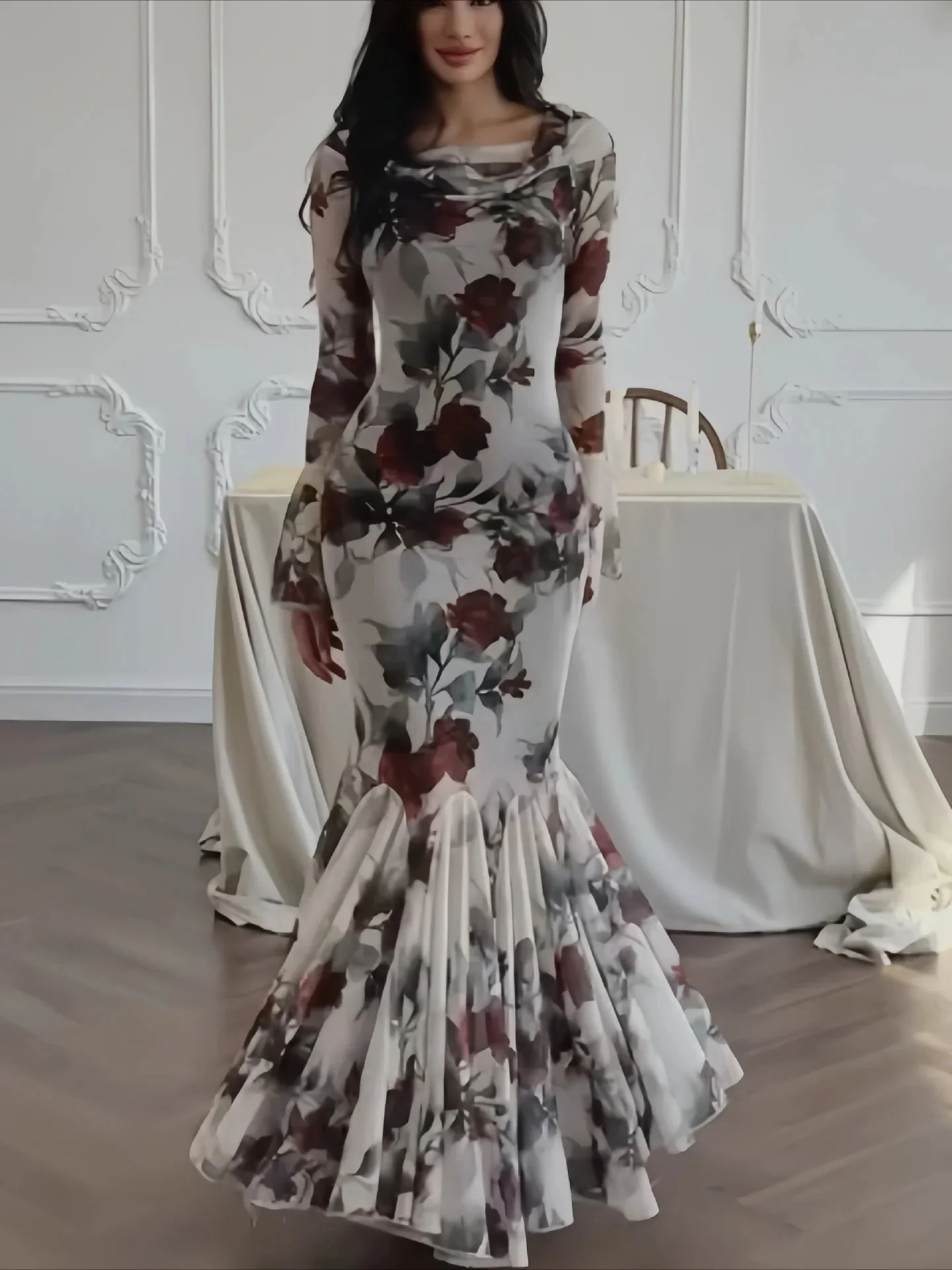 Floral Print Long Sleeve Romantic Party Dress - Image 3
