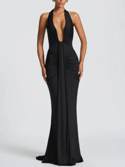Solid Color Halter Neck V-Neck Backless Fishtail Party Dress - Image 2