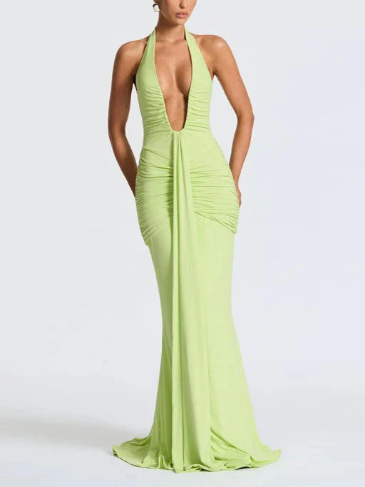 Solid Color Halter Neck V-Neck Backless Fishtail Party Dress - Image 3