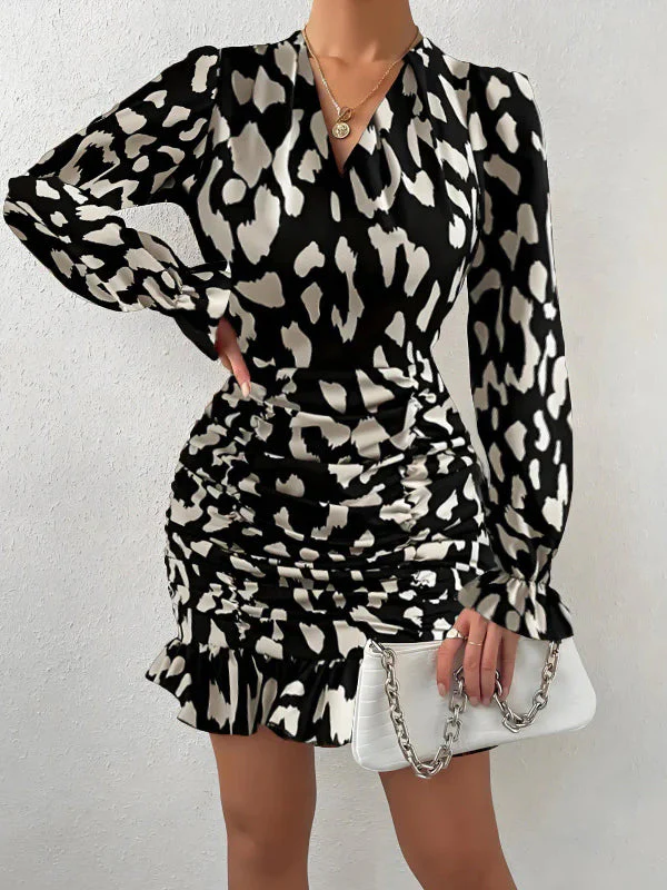 Leopard Print V-neck Tie Waist Bodycon Mini Dress Party Dress - Image 3