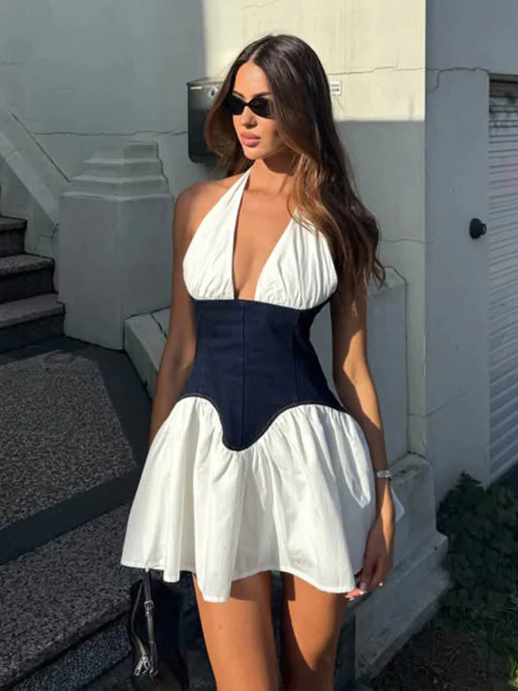 Sexy Deep V Neck Halter Waist-Cinching A-Line Dress Party Dress - Image 4