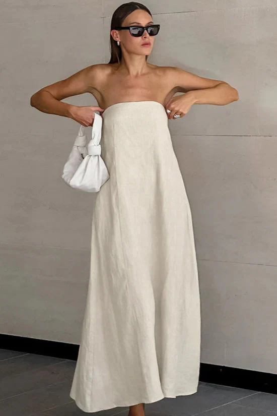 Khaki Cotton Linen Strapless Backless Maxi Dress