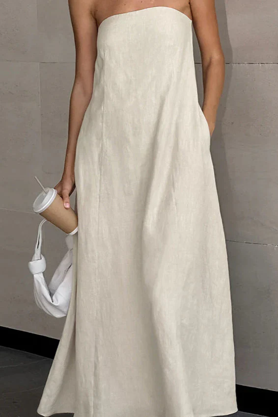 Khaki Cotton Linen Strapless Backless Maxi Dress - Image 2
