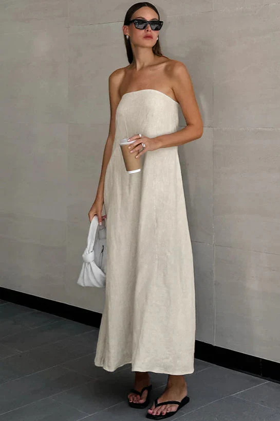 Khaki Cotton Linen Strapless Backless Maxi Dress - Image 3