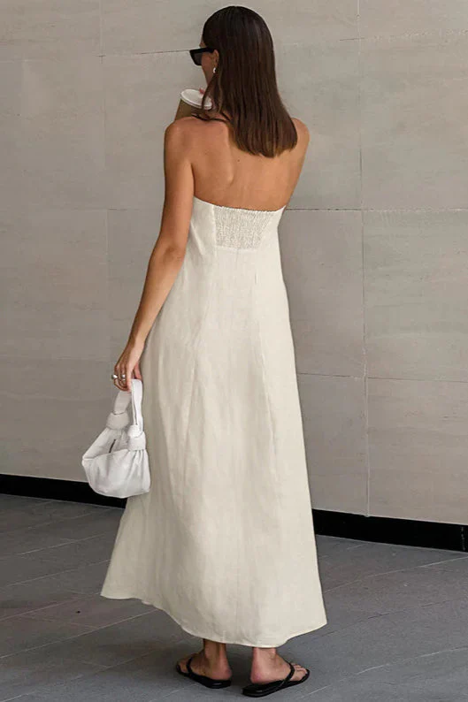 Khaki Cotton Linen Strapless Backless Maxi Dress - Image 4