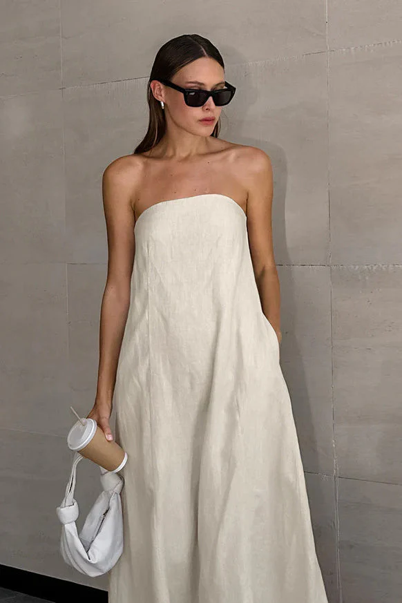 Khaki Cotton Linen Strapless Backless Maxi Dress - Image 5