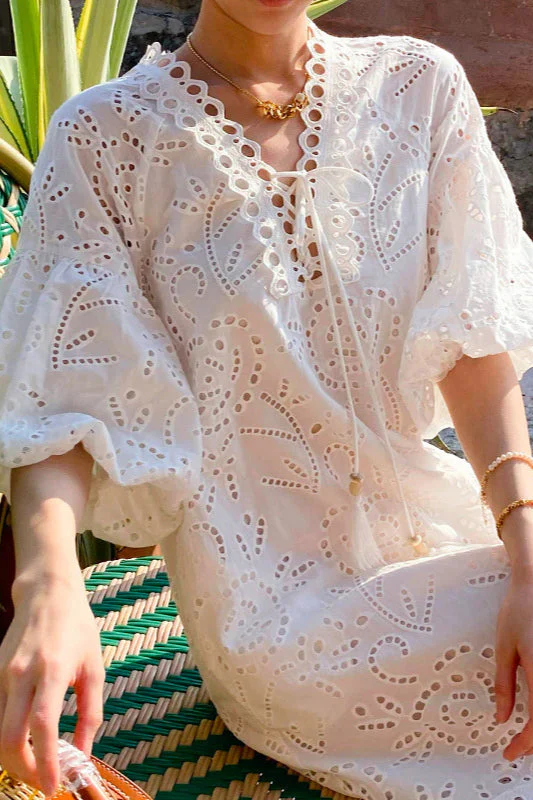 Embroidered Puff Sleeve White Maxi Dress - Image 2