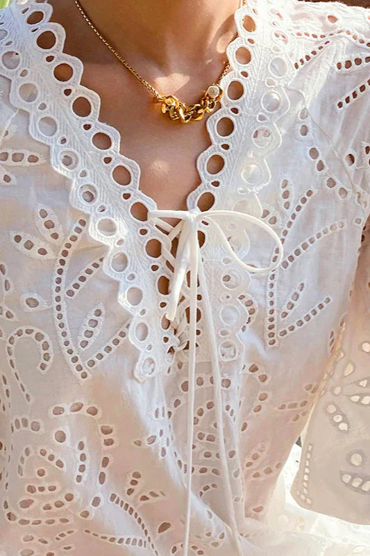 Embroidered Puff Sleeve White Maxi Dress - Image 3