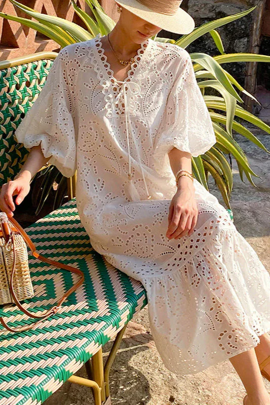 Embroidered Puff Sleeve White Maxi Dress - Image 4