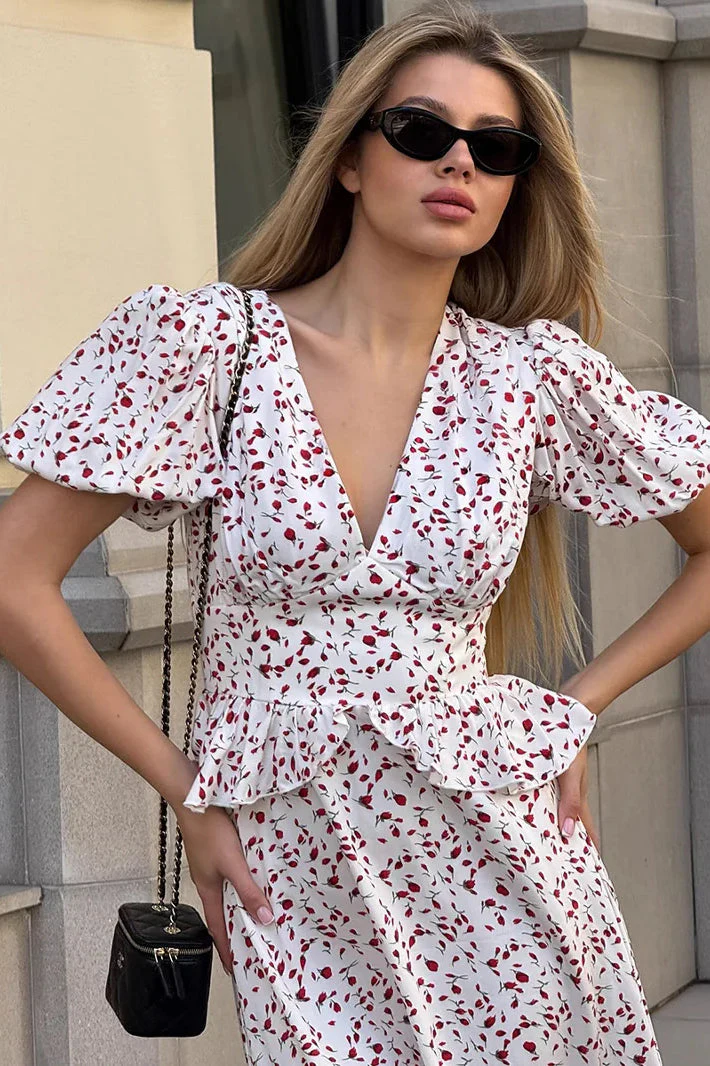 Printed V Neck Puff Sleeve Waist Maxi Dress - Image 4