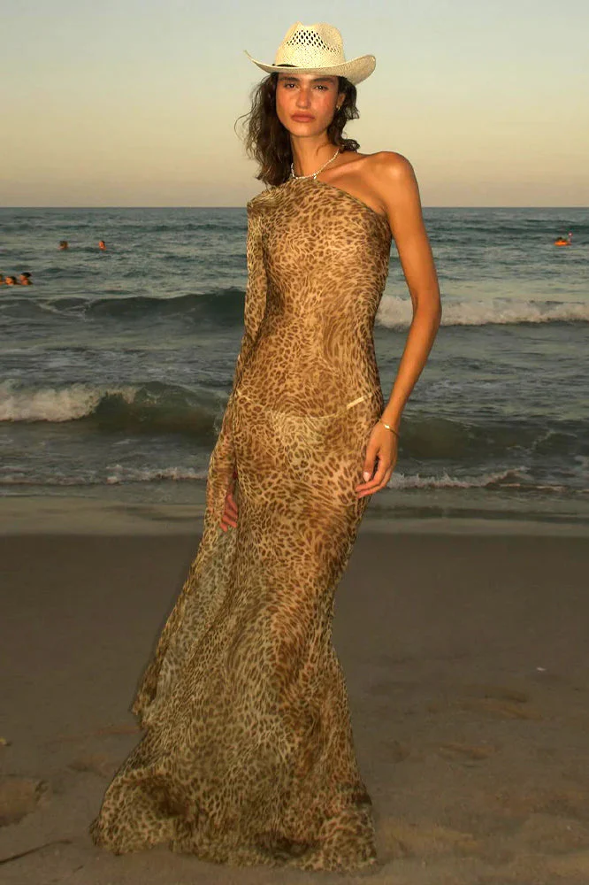 Leopard Print Sexy Spice Girl Slanted Shoulder Maxi Dress - Image 2