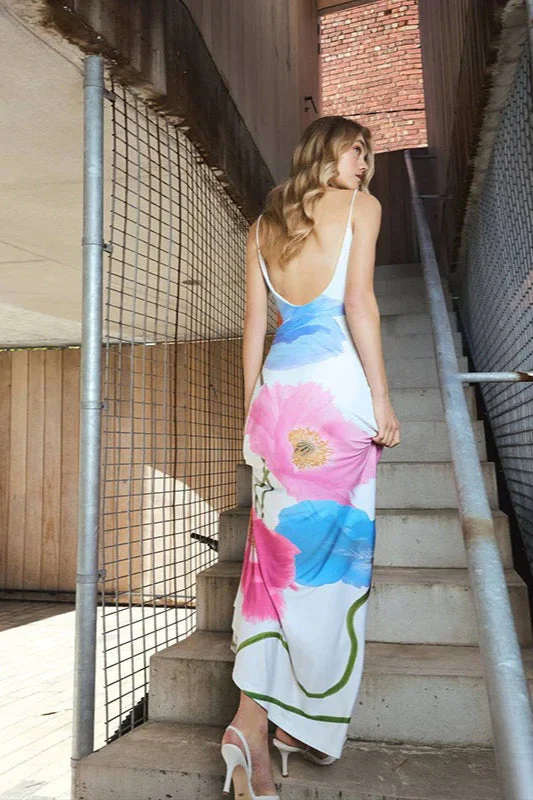U-Neck Backless Floral Print A-Line Maxi Dress - Image 3