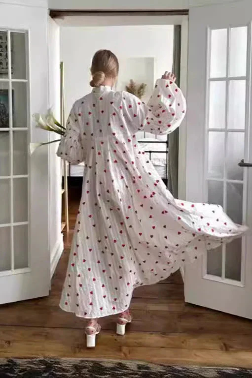 Heart Print Textured Cotton Long Lantern Sleeve Maxi Dress - Image 2