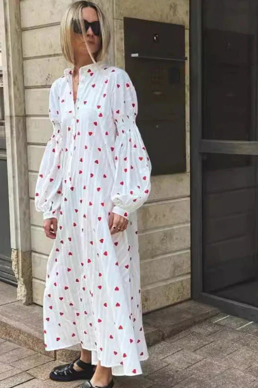Heart Print Textured Cotton Long Lantern Sleeve Maxi Dress - Image 3
