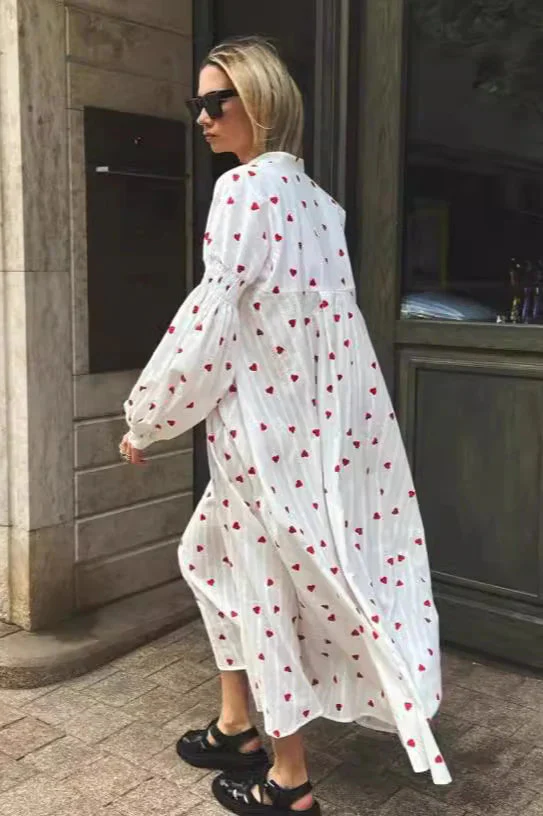 Heart Print Textured Cotton Long Lantern Sleeve Maxi Dress - Image 4