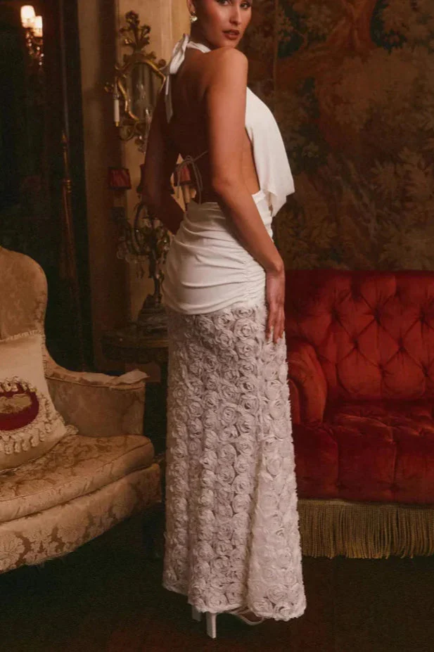 Backless Floral Appliqué Strappy Maxi Dress - Image 3