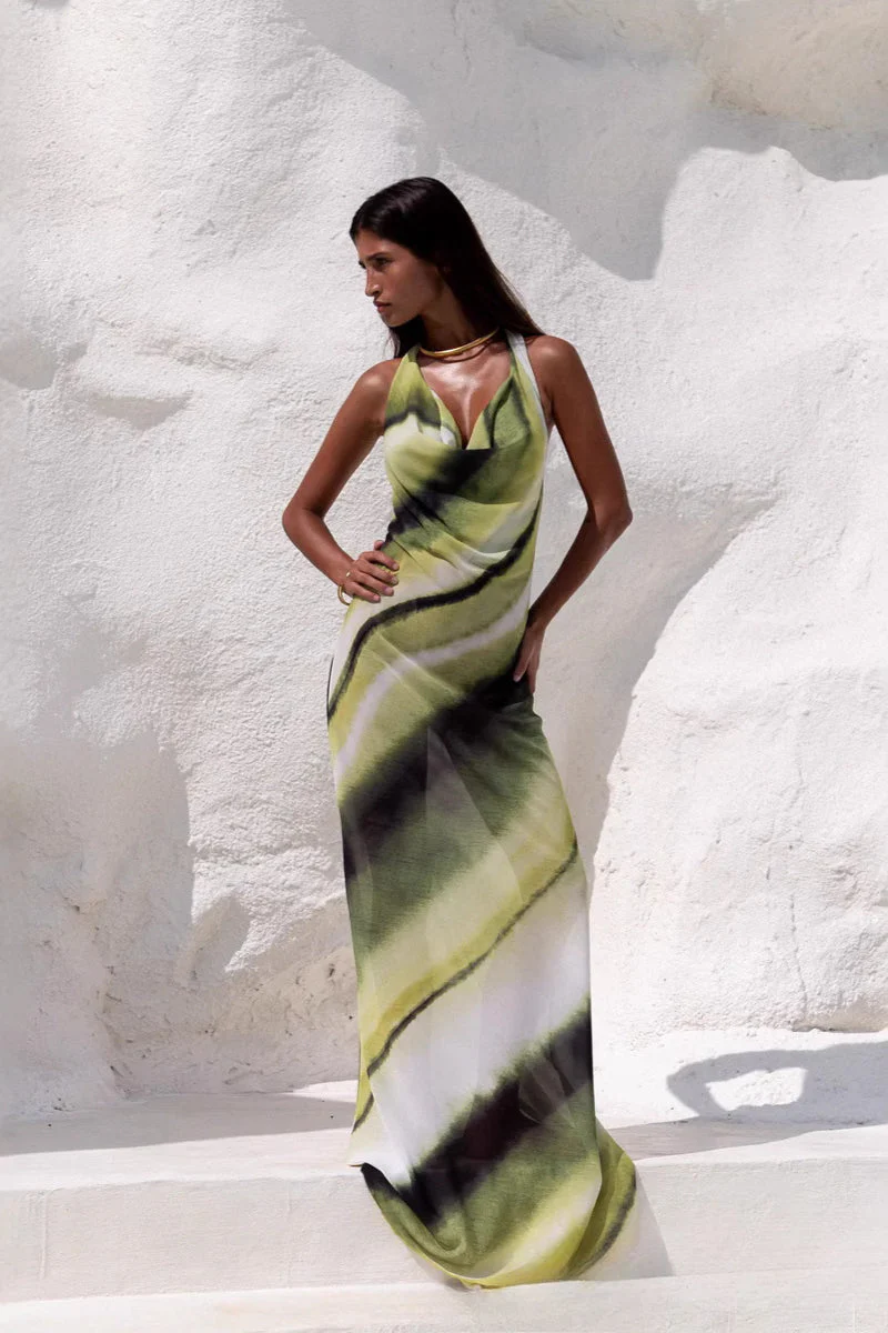 V-Neck Bodycon Backless Digital Print Silk Maxi Dress - Image 2