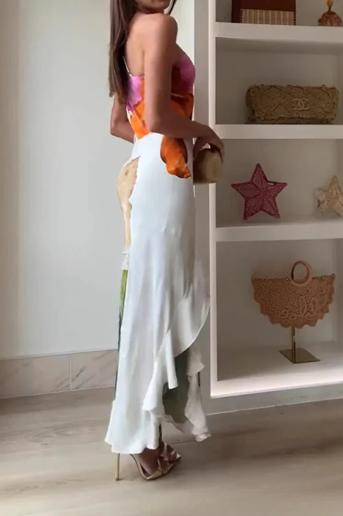 Ruffled One-Shoulder Flowing Suspender Maxi Dress - Image 2