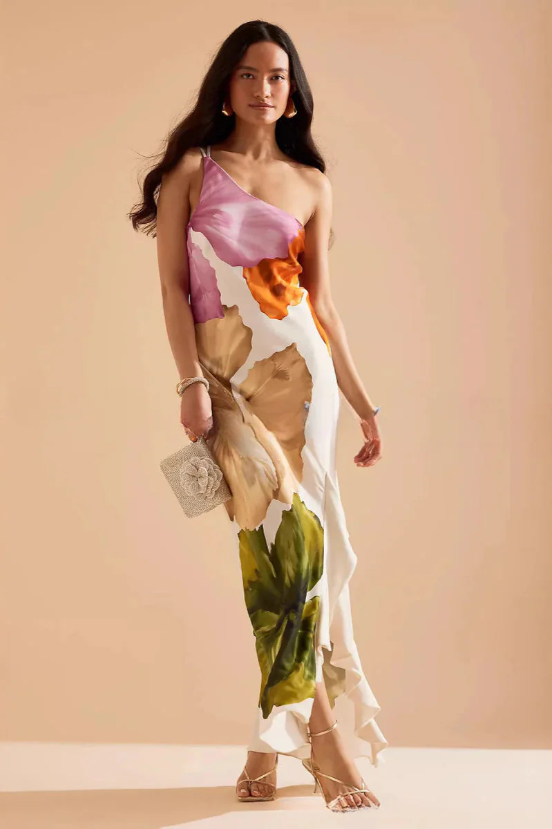 Ruffled One-Shoulder Flowing Suspender Maxi Dress - Image 3