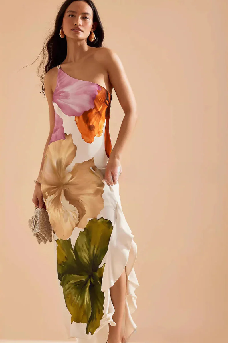 Ruffled One-Shoulder Flowing Suspender Maxi Dress - Image 4