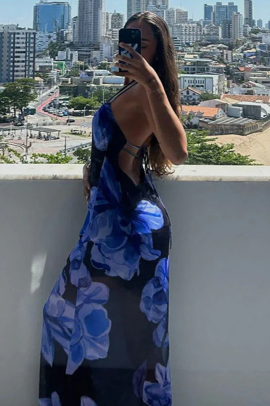 Sheer Printed Halter Neck Strappy Maxi Dress - Image 4