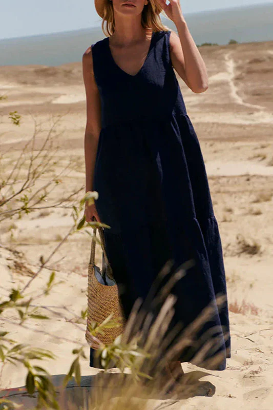 Cotton Crinkled V-Neck Tiered Vest Maxi Dress - Image 4