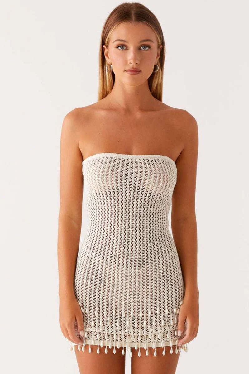Knit Strapless Mini Boho Dress - Image 3