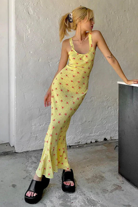 Floral Print Suspender Dress Long Fishtail Maxi Dress - Image 3