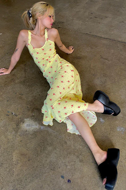 Floral Print Suspender Dress Long Fishtail Maxi Dress - Image 4