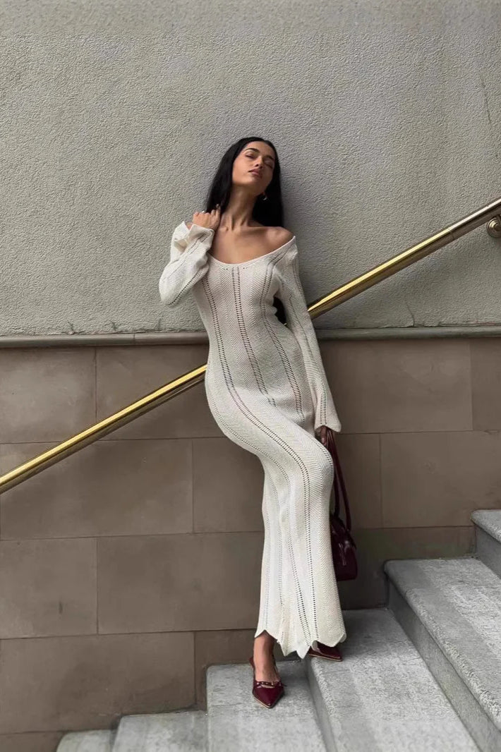 V-Neck Knitted Dress With Flared Sleeves & Hollow Hip-Wrap Maxi Dress - Image 2