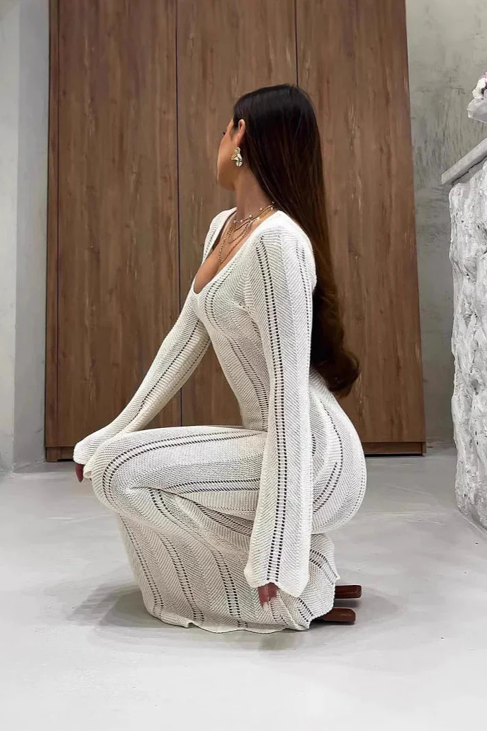 V-Neck Knitted Dress With Flared Sleeves & Hollow Hip-Wrap Maxi Dress - Image 4