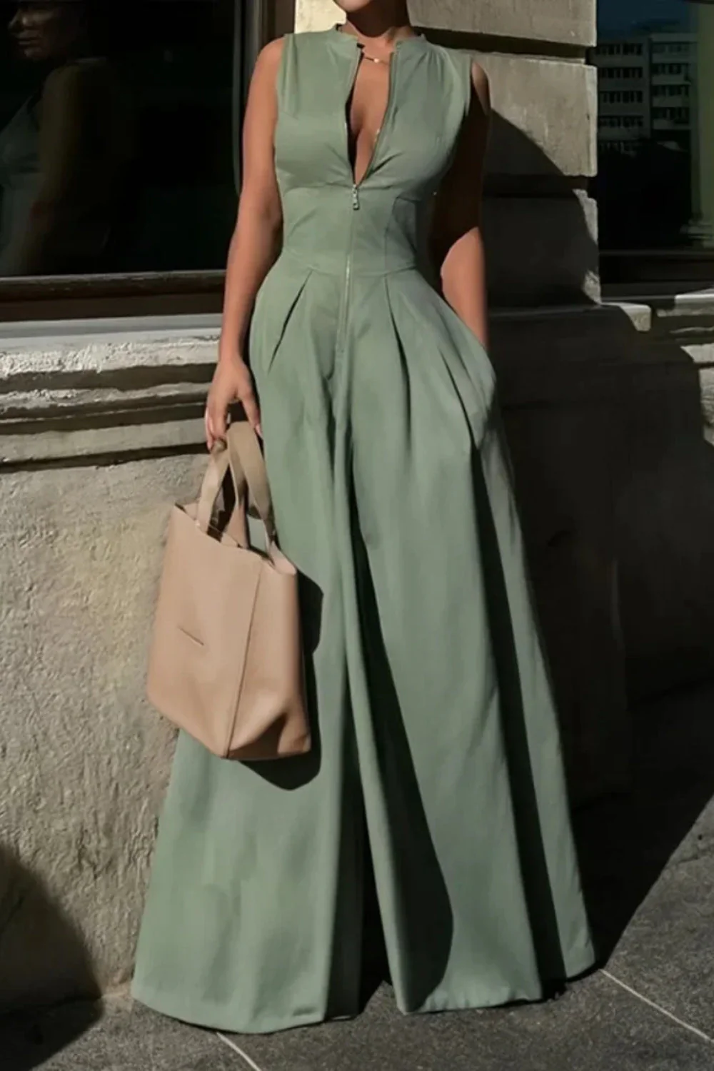 Cotton Zippered Sleeveless Pocket Maxi Dress - Image 4