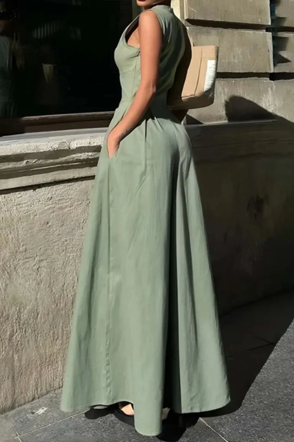 Cotton Zippered Sleeveless Pocket Maxi Dress - Image 5