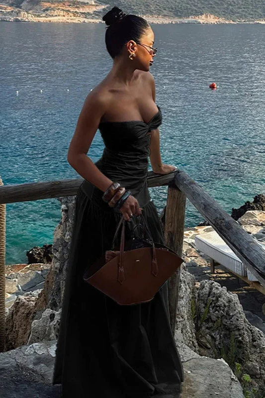 Mesh Strapless Hollow Colorblock Maxi Dress - Image 5