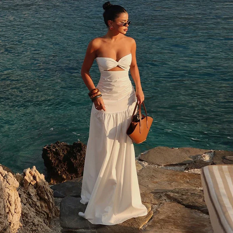 Mesh Strapless Hollow Colorblock Maxi Dress - Image 6