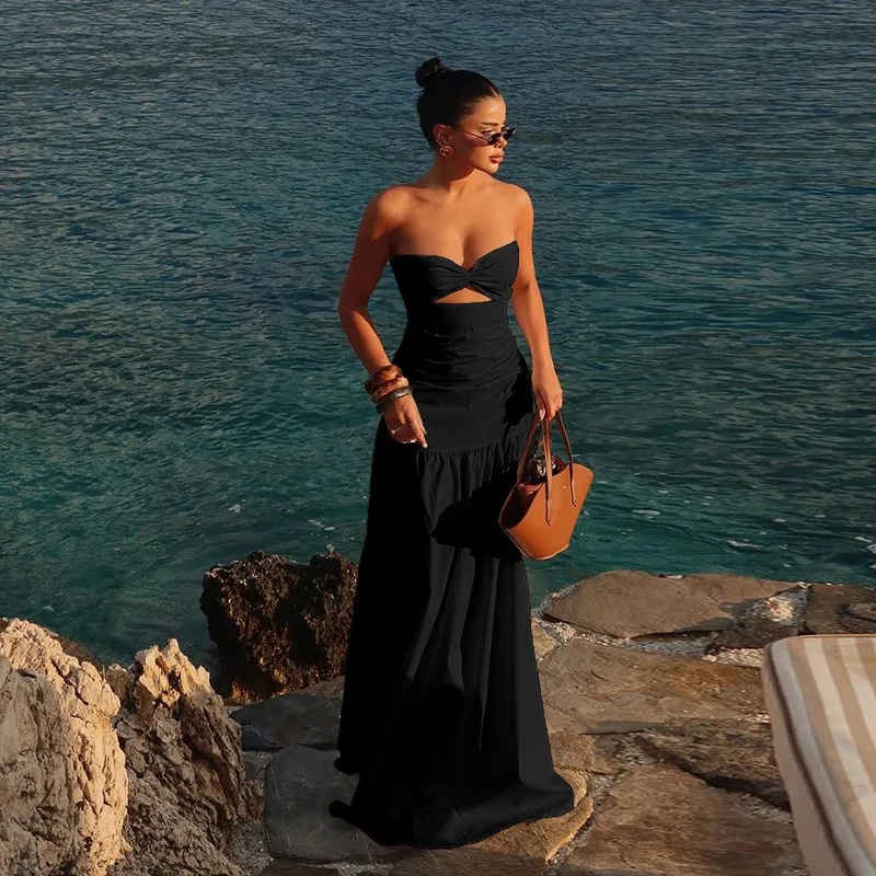 Mesh Strapless Hollow Colorblock Maxi Dress - Image 7