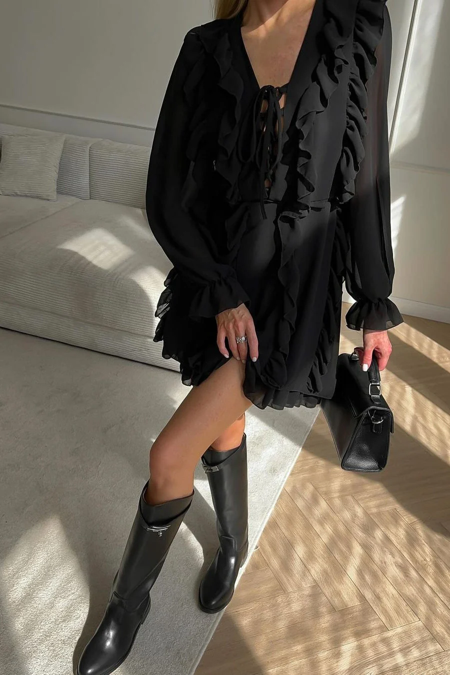 Chiffon Ruffle Long Sleeve Boho Dress - Image 3