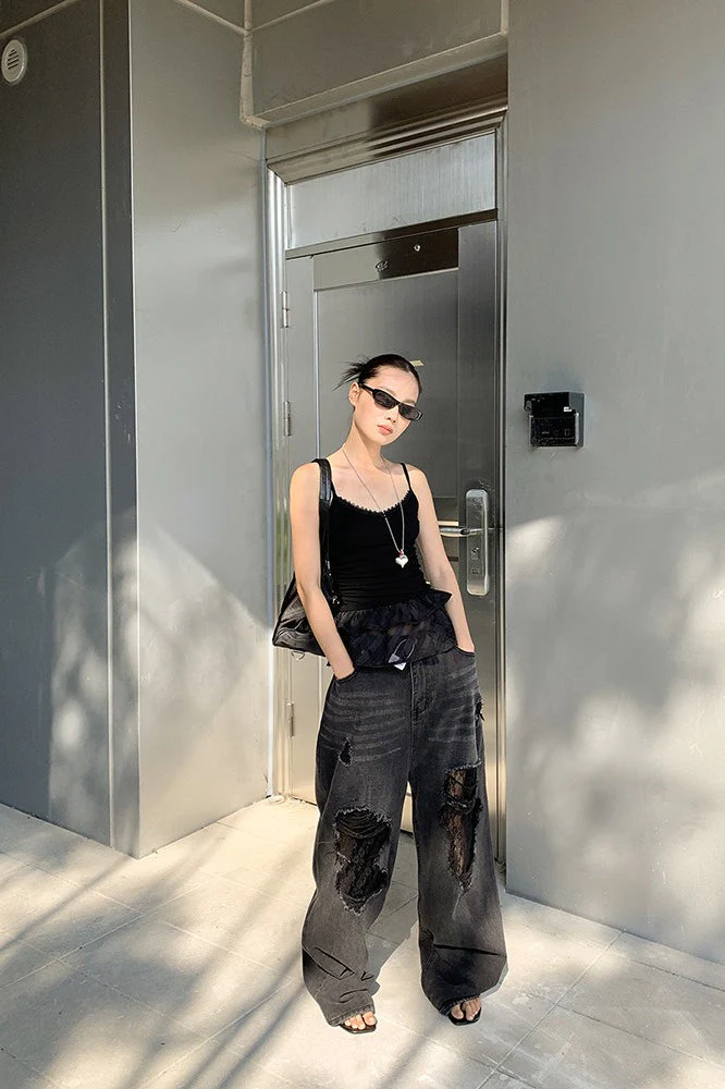 Lace Panel Ripped Wide Leg Jeans - Image 2