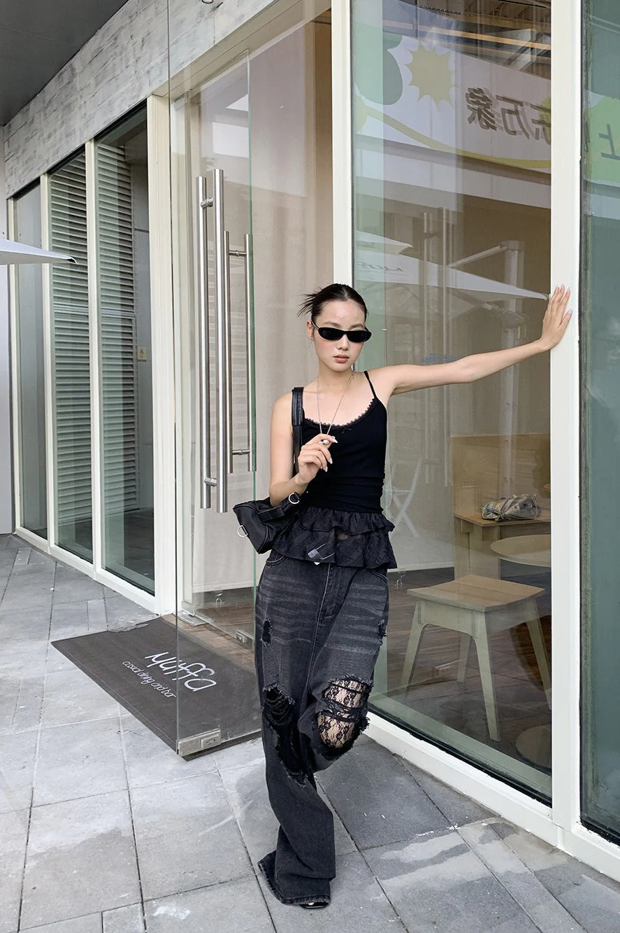 Lace Panel Ripped Wide Leg Jeans - Image 3