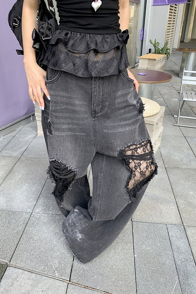 Lace Panel Ripped Wide Leg Jeans - Image 5